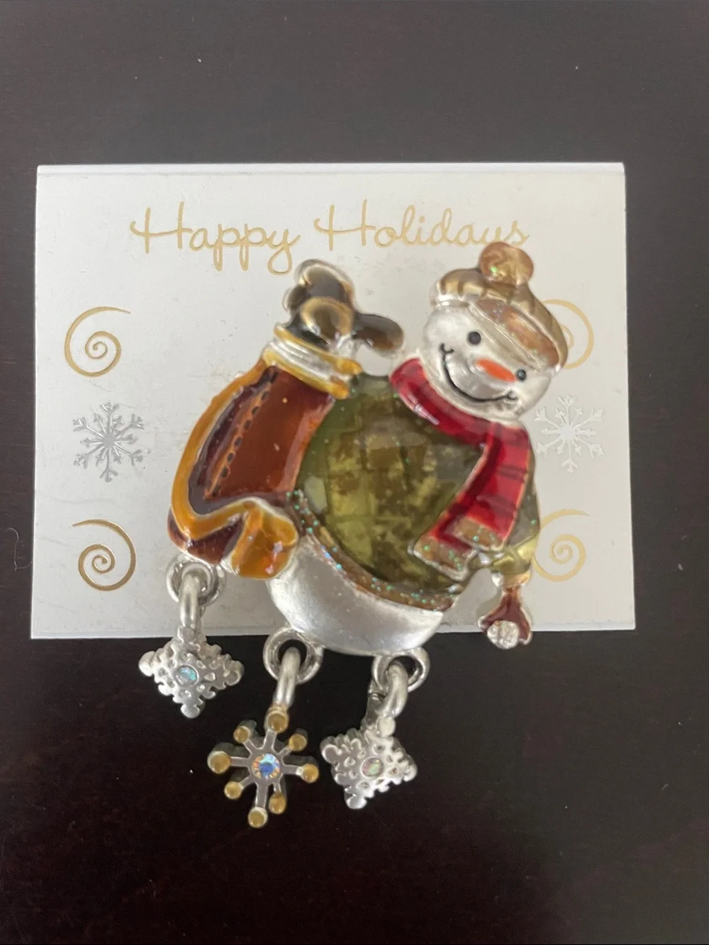 Holiday Snowman Brooch in Red, Green & Gold - Festive Women’s Pin
